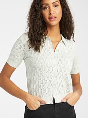 EUC! | TWIK Cropped Polo-Collared Pointelle Cardigan | Pale Mint | Size Large